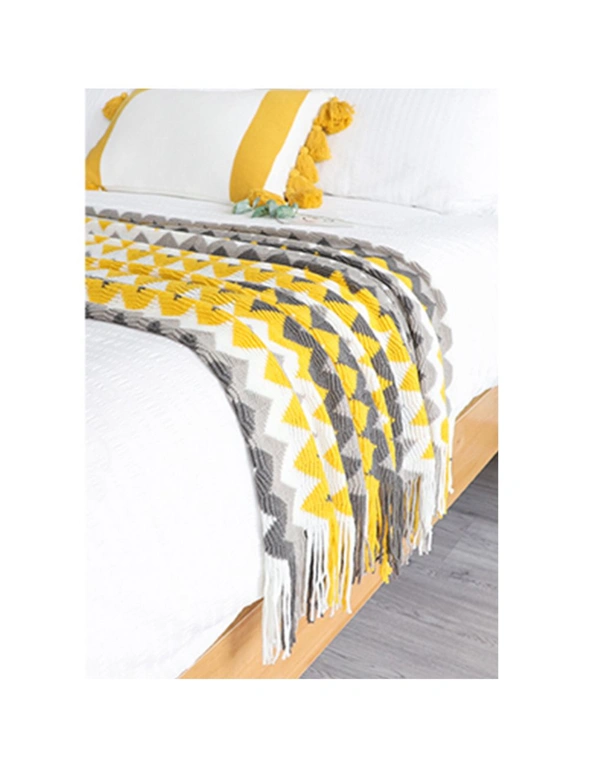 SOGA 220cm Yellow Zigzag Striped Throw Blanket Acrylic Wave Knitted Fringed Woven Cover Couch Bed Sofa Home Decor, hi-res image number null