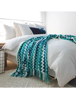 SOGA 170cm Blue Zigzag Striped Throw Blanket Acrylic Wave Knitted Fringed Woven Cover Couch Bed Sofa Home Decor