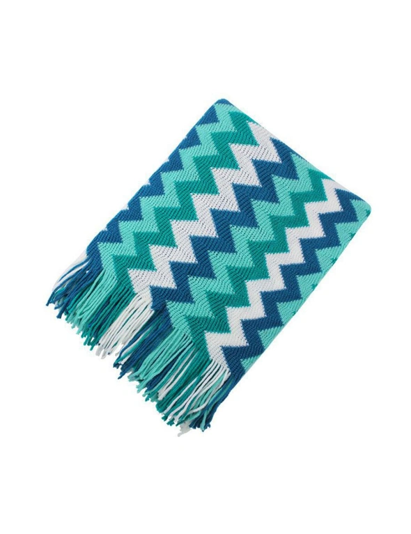 SOGA 170cm Blue Zigzag Striped Throw Blanket Acrylic Wave Knitted Fringed Woven Cover Couch Bed Sofa Home Decor, hi-res image number null