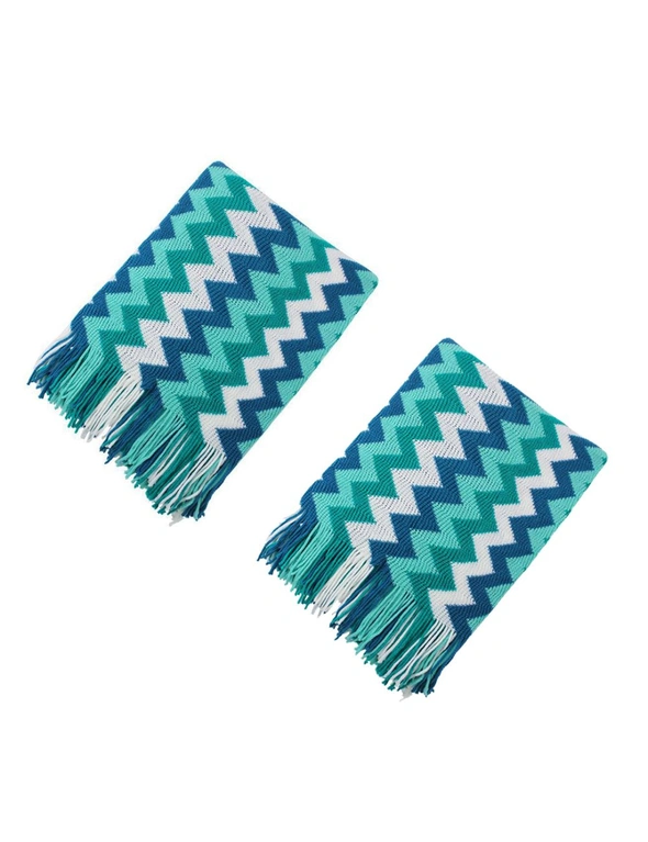 SOGA 2X 170cm Blue Zigzag Striped Throw Blanket Acrylic Wave Knitted Fringed Woven Cover Couch Bed Sofa Home Decor, hi-res image number null