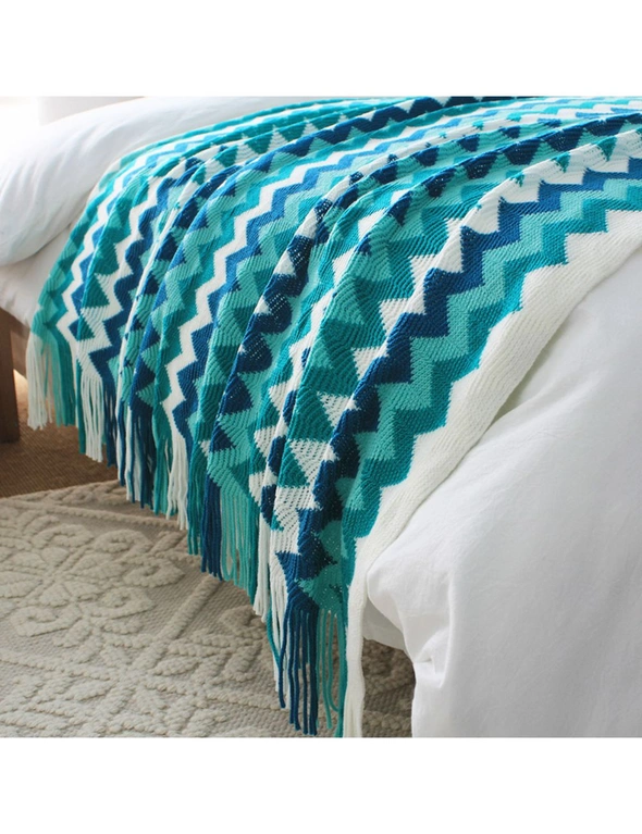 SOGA 220cm Blue Zigzag Striped Throw Blanket Acrylic Wave Knitted Fringed Woven Cover Couch Bed Sofa Home Decor, hi-res image number null
