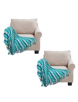 SOGA 2X 220cm Blue Zigzag Striped Throw Blanket Acrylic Wave Knitted Fringed Woven Cover Couch Bed Sofa Home Decor