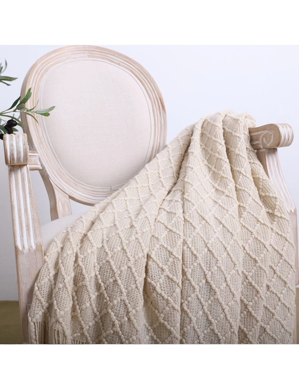 SOGA Beige Diamond Pattern Knitted Throw Blanket Warm Cozy Woven Cover Couch Bed Sofa Home Decor with Tassels, hi-res image number null