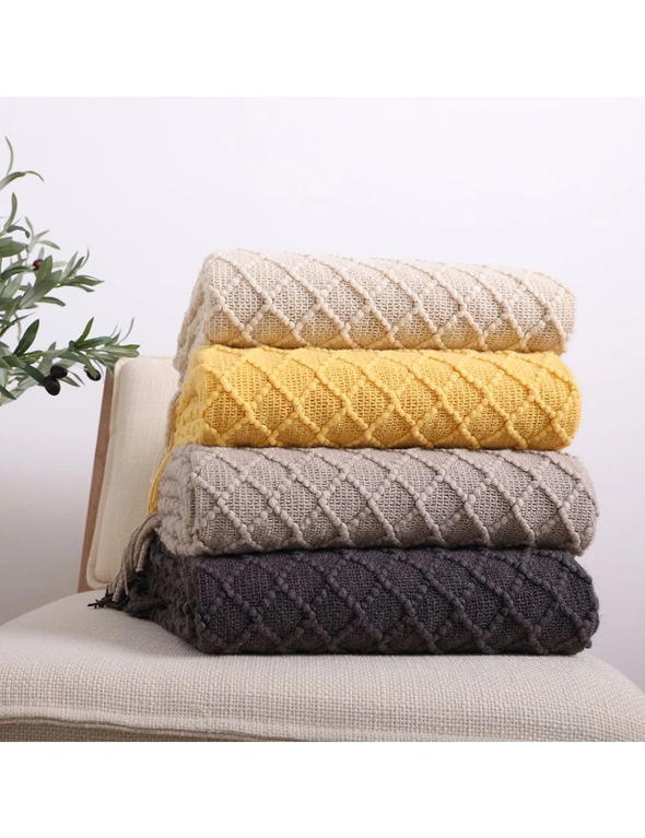 SOGA 2X Beige Diamond Pattern Knitted Throw Blanket Warm Cozy Woven Cover Couch Bed Sofa Home Decor with Tassels, hi-res image number null