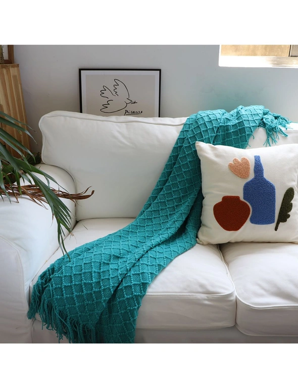 SOGA Teal Diamond Pattern Knitted Throw Blanket Warm Cozy Woven Cover Couch Bed Sofa Home Decor with Tassels, hi-res image number null
