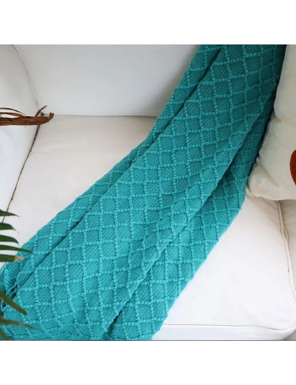 SOGA 2X Teal Diamond Pattern Knitted Throw Blanket Warm Cozy Woven Cover Couch Bed Sofa Home Decor with Tassels, hi-res image number null