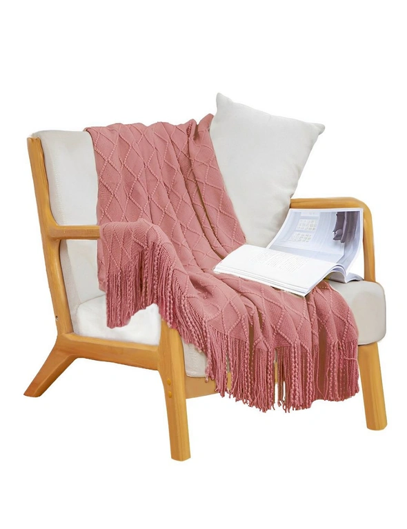 SOGA Pink Diamond Pattern Knitted Throw Blanket Warm Cozy Woven Cover Couch Bed Sofa Home Decor with Tassels, hi-res image number null