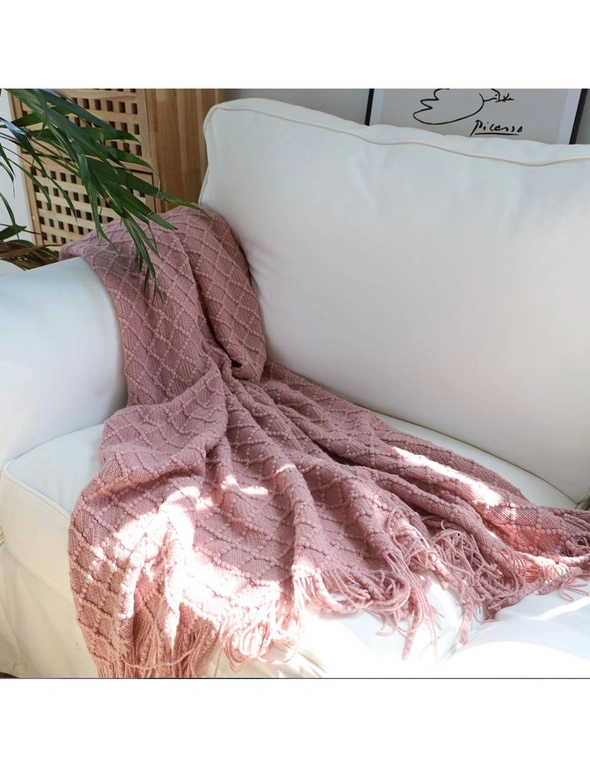 SOGA Pink Diamond Pattern Knitted Throw Blanket Warm Cozy Woven Cover Couch Bed Sofa Home Decor with Tassels, hi-res image number null
