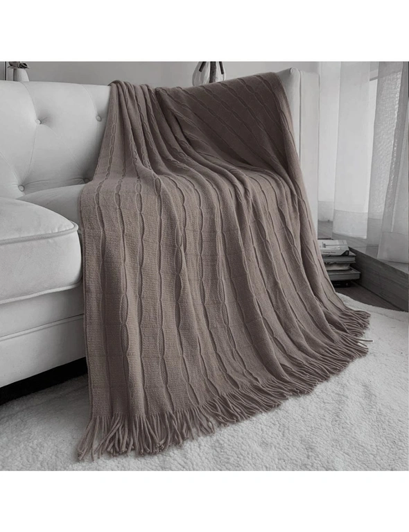 SOGA 2X Coffee Textured Knitted Throw Blanket Warm Cozy Woven Cover Couch Bed Sofa Home Decor with Tassels, hi-res image number null