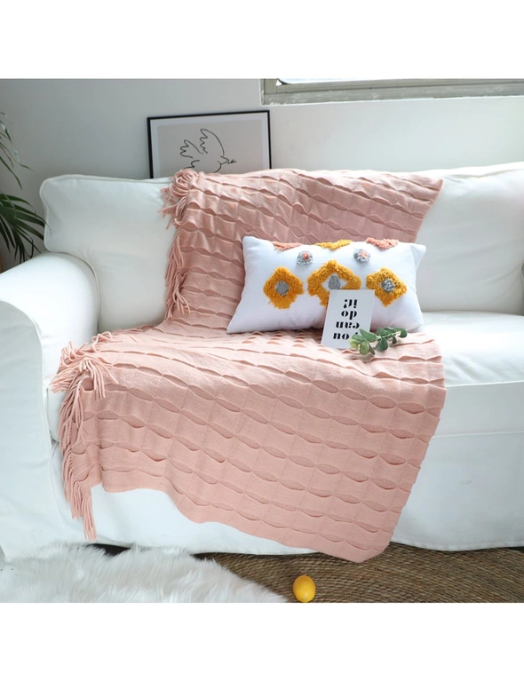 SOGA Pink Textured Knitted Throw Blanket Warm Cozy Woven Cover Couch Bed Sofa Home Decor with Tassels, hi-res image number null