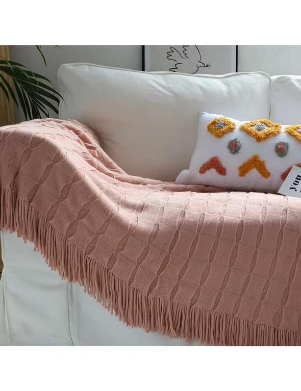 SOGA Pink Textured Knitted Throw Blanket Warm Cozy Woven Cover Couch Bed Sofa Home Decor with Tassels, hi-res image number null