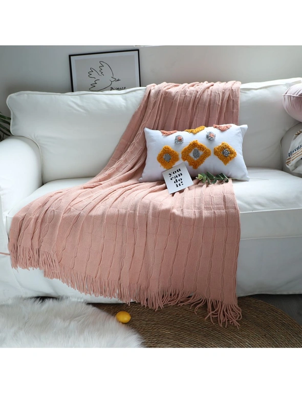 SOGA 2X Pink Textured Knitted Throw Blanket Warm Cozy Woven Cover Couch Bed Sofa Home Decor with Tassels, hi-res image number null