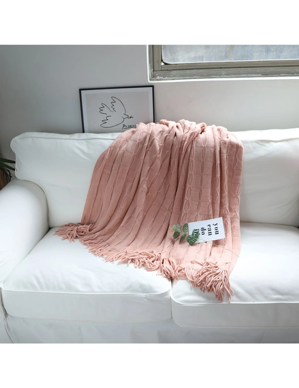 SOGA 2X Pink Textured Knitted Throw Blanket Warm Cozy Woven Cover Couch Bed Sofa Home Decor with Tassels, hi-res image number null