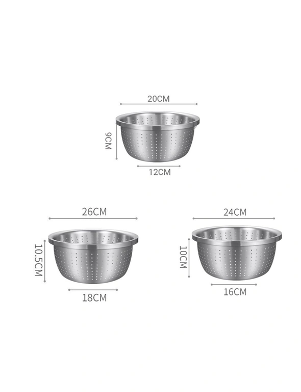 SOGA Stainless Steel Nesting Basin Colander Perforated Kitchen Sink Washing Bowl Metal Basket Strainer Set of 3, hi-res image number null