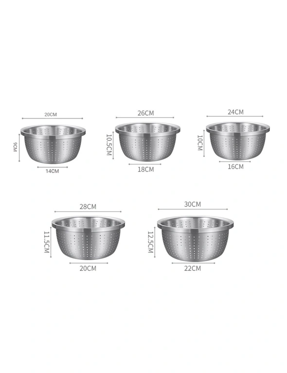 SOGA 2X Stainless Steel Nesting Basin Colander Perforated Kitchen Sink Washing Bowl Metal Basket Strainer Set of 5, hi-res image number null