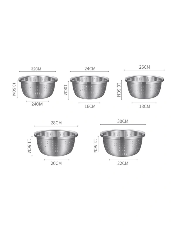 SOGA Stainless Steel Nesting Basin Colander Perforated Kitchen Sink Washing Bowl Metal Basket Strainer Set of 5, hi-res image number null