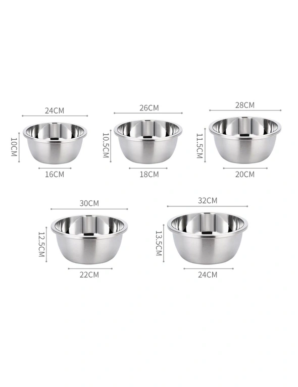 SOGA 5Pcs Deepen Polished Stainless Steel Stackable Baking Washing Mixing Bowls Set Food Storage Basin, hi-res image number null