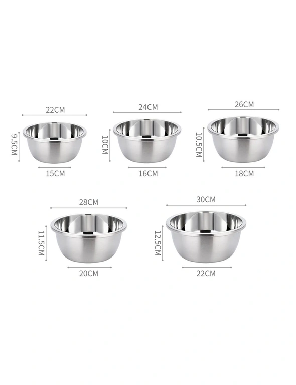 SOGA 2X 5Pcs Deepen Polished Stainless Steel Stackable Baking Washing Mixing Bowls Set Food Storage Basin, hi-res image number null
