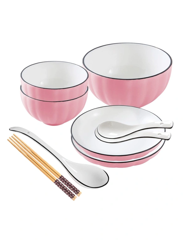 SOGA Pink Japanese Style Ceramic Dinnerware Crockery Soup Bowl Plate Server Kitchen Home Decor Set of 5, hi-res image number null