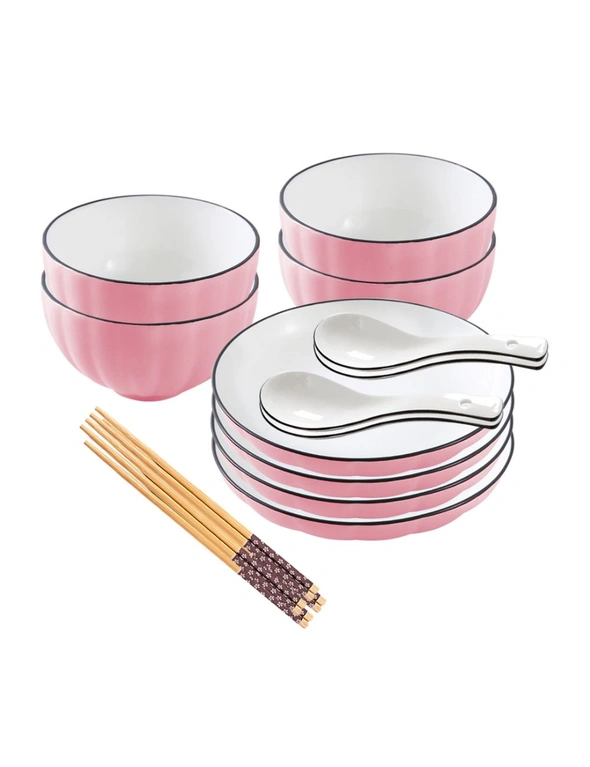 SOGA Pink Japanese Style Ceramic Dinnerware Crockery Soup Bowl Plate Server Kitchen Home Decor Set of 8, hi-res image number null