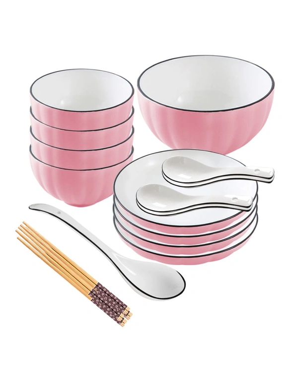 SOGA Pink Japanese Style Ceramic Dinnerware Crockery Soup Bowl Plate Server Kitchen Home Decor Set of 9, hi-res image number null