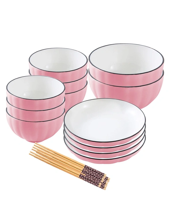 SOGA Pink Japanese Style Ceramic Dinnerware Crockery Soup Bowl Plate Server Kitchen Home Decor Set of 12, hi-res image number null