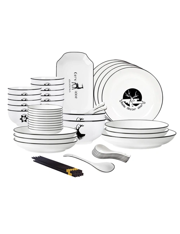 SOGA White Antler Printed Ceramic Dinnerware Set Crockery Soup Bowl Plate Server Kitchen Home Decor Set of 34, hi-res image number null