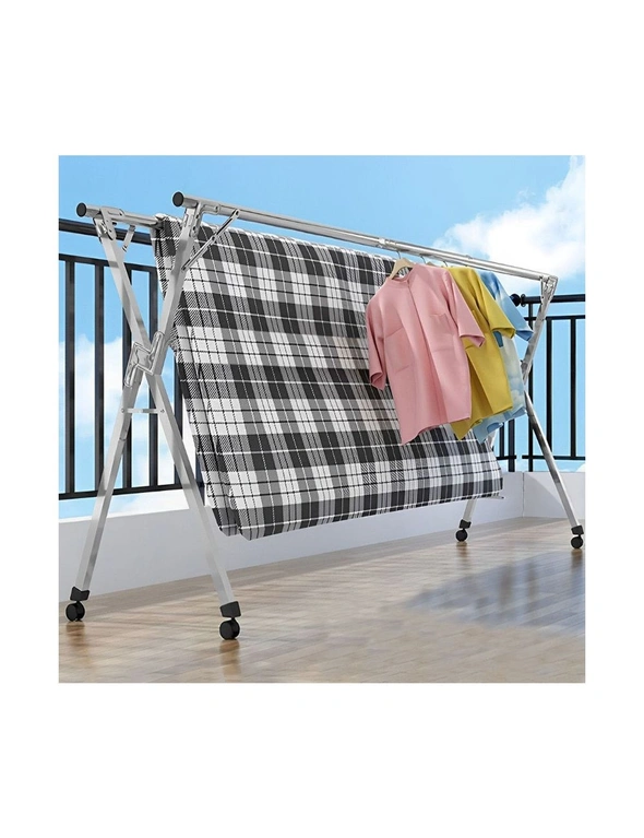 SOGA 2X 2.4m Portable Standing Clothes Drying Rack Foldable Space-Saving Laundry Holder with Wheels, hi-res image number null