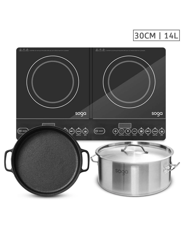 SOGA Cooktop Stove, 30cm Cast Iron Frypan & 14L SS Stockpot, hi-res image number null