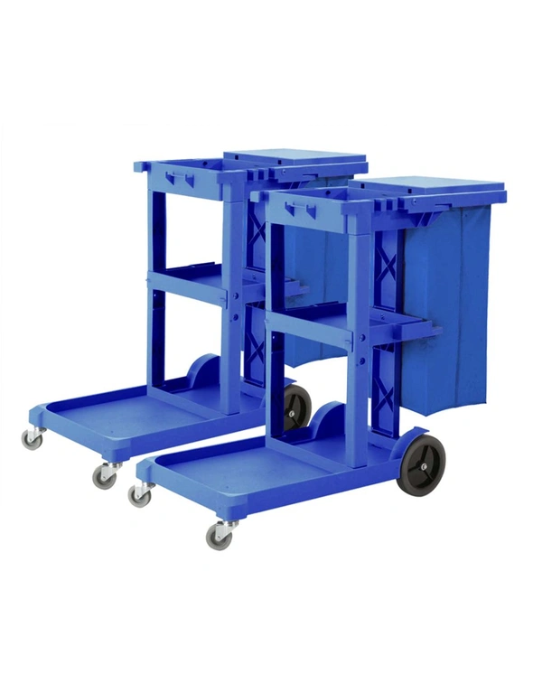 SOGA 2X 3 Tier Multifunction Janitor Cleaning Waste Cart Trolley and Waterproof Bag Blue, hi-res image number null