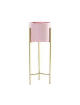 SOGA 2 Layer 42cm Gold Metal Plant Stand with Pink Flower Pot Holder Corner Shelving Rack Indoor Display