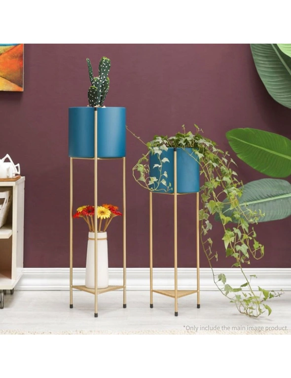 SOGA 2X 2 Layer 65cm Gold Metal Plant Stand with Blue Flower Pot Holder Corner Shelving Rack Indoor Display, hi-res image number null
