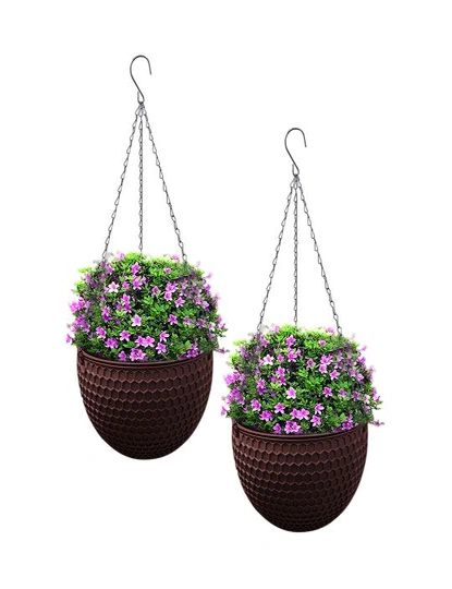 SOGA 2X Coffee Small Hanging Resin Flower Pot Self Watering Basket Planter  Outdoor Garden Decor, hi-res image number null