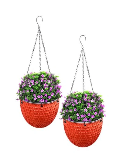SOGA 2X Red Small Hanging Resin Flower Pot Self Watering Basket Planter  Outdoor Garden Decor, hi-res image number null