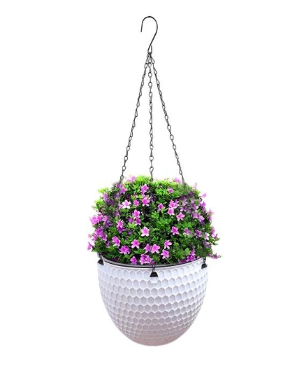 SOGA White Small Hanging Resin Flower Pot Self Watering Basket Planter  Outdoor Garden Decor, hi-res image number null