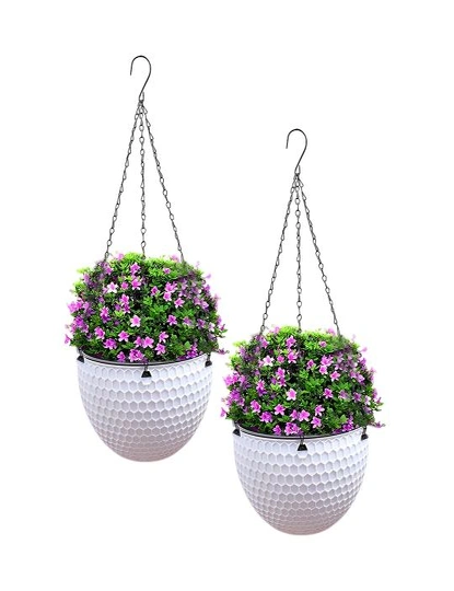SOGA 2X White Small Hanging Resin Flower Pot Self Watering Basket Planter  Outdoor Garden Decor, hi-res image number null