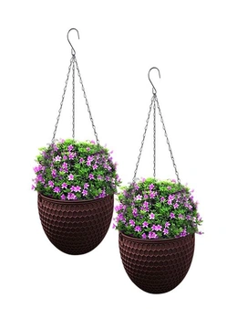 SOGA 2X Coffee Medium Hanging Resin Flower Pot Self Watering Basket Planter  Outdoor Garden Decor