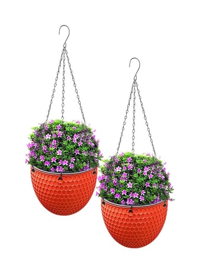 SOGA 2X Red Medium Hanging Resin Flower Pot Self Watering Basket Planter  Outdoor Garden Decor, hi-res image number null