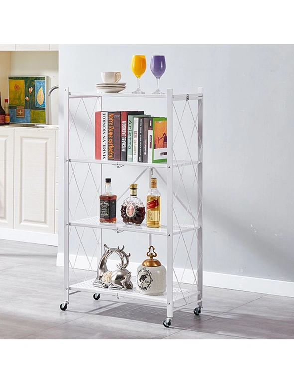 SOGA 4 Tier Steel White Foldable Kitchen Cart Multi-Functional Shelves Portable Storage Organizer with Wheels, hi-res image number null