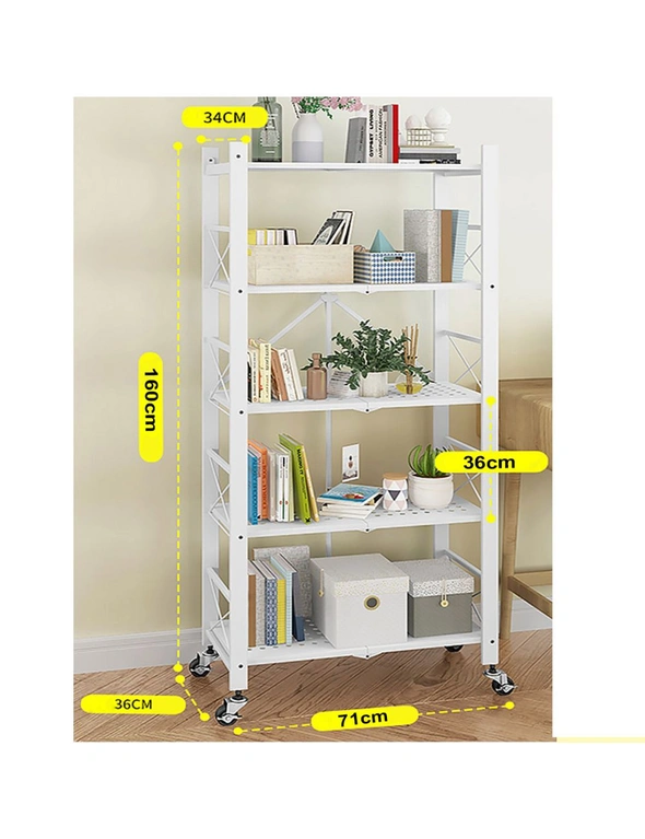 SOGA 5 Tier Steel White Foldable Display Stand Multi-Functional Shelves Portable Storage Organizer with Wheels, hi-res image number null