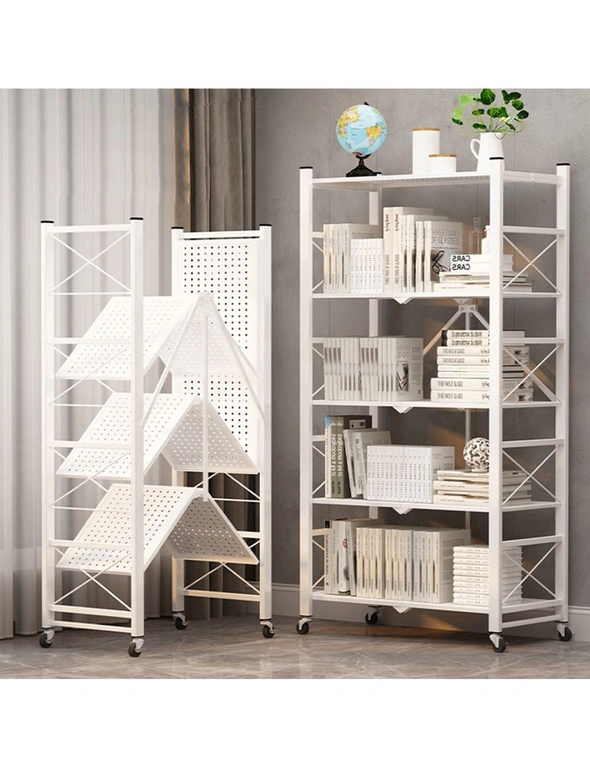 SOGA 5 Tier Steel White Foldable Display Stand Multi-Functional Shelves Portable Storage Organizer with Wheels, hi-res image number null
