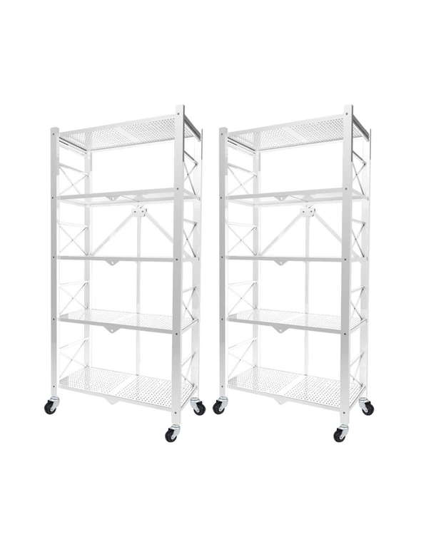 SOGA 2X 5 Tier Steel White Foldable Display Stand Multi-Functional Shelves Portable Storage Organizer with Wheels, hi-res image number null