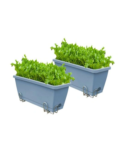 SOGA 49.5cm Blue Rectangular Planter Vegetable Herb Flower Outdoor Plastic Box with Holder Balcony Garden Decor Set of 2, hi-res image number null