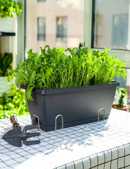 SOGA 49.5cm Black Rectangular Planter Vegetable Herb Flower Outdoor Plastic Box with Holder Balcony Garden Decor Set of 4, hi-res image number null