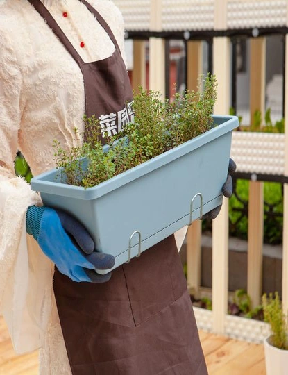 SOGA 49.5cm Blue Rectangular Planter Vegetable Herb Flower Outdoor Plastic Box with Holder Balcony Garden Decor Set of 4, hi-res image number null