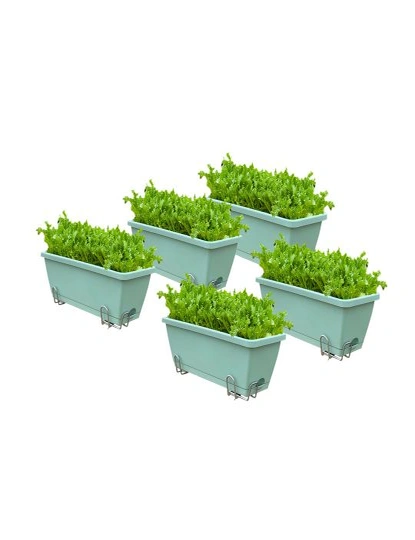 SOGA 49.5cm Green Rectangular Planter Vegetable Herb Flower Outdoor Plastic Box with Holder Balcony Garden Decor Set of 5, hi-res image number null
