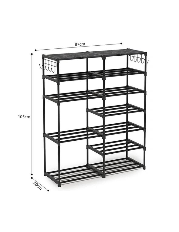 SOGA 12-Shelf Tier Shoe Storage Shelf Space-Saving Caddy Rack Organiser with Side Hooks Black, hi-res image number null