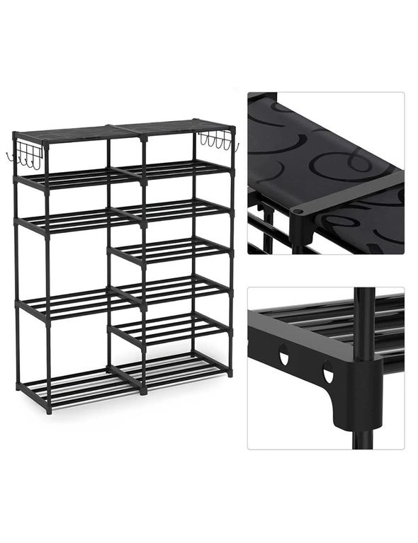 SOGA 12-Shelf Tier Shoe Storage Shelf Space-Saving Caddy Rack Organiser with Side Hooks Black, hi-res image number null