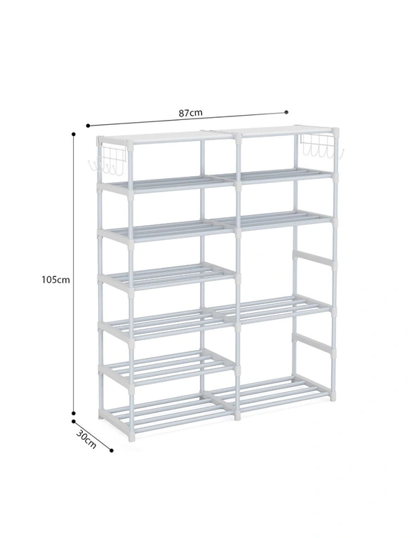 SOGA 12-Shelf Tier Shoe Storage Shelf Space-Saving Caddy Rack Organiser with Side Hooks White, hi-res image number null
