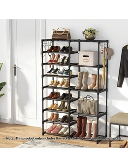 SOGA 16-Shelf Tier Shoe Storage Shelf Space-Saving Caddy Rack Organiser with Side Hooks Black